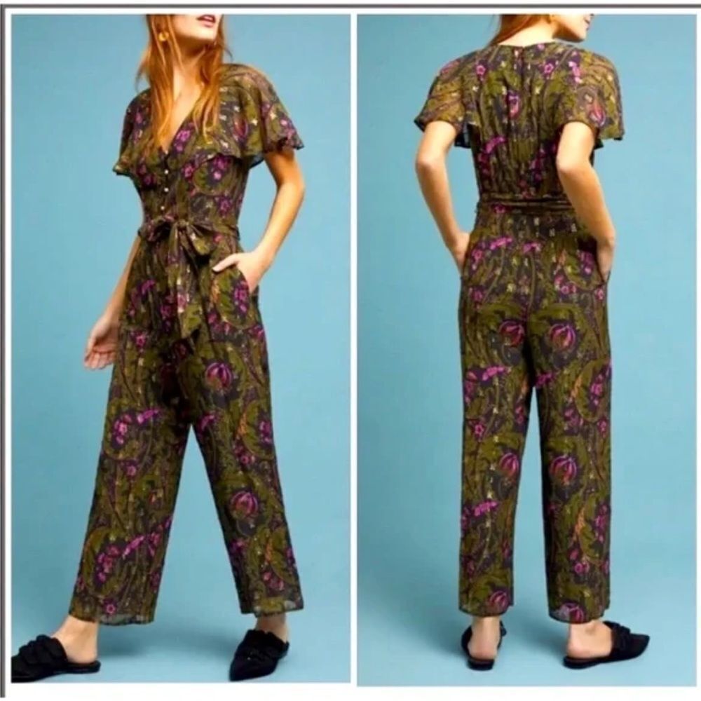 Anthropologie Ett:Twa Brenda Metallic Floral Cropped Flutter Sleeve Jumpsuit